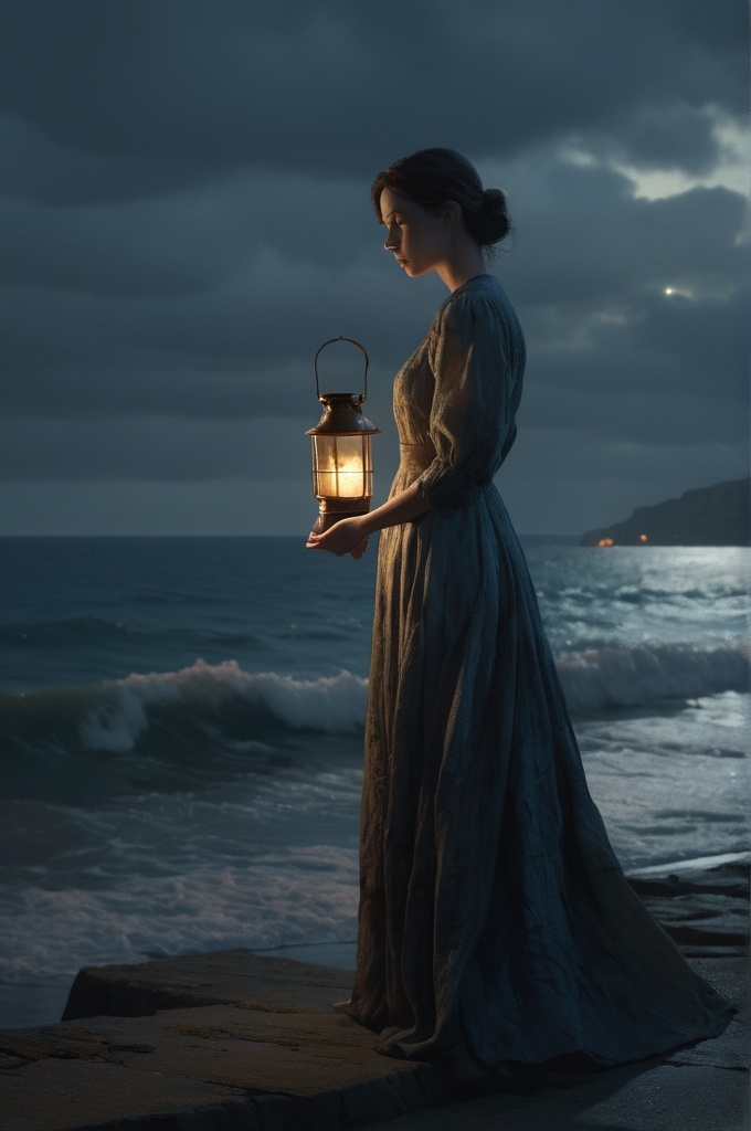 Prompt: woman in long dress standing by the sea, holding a lantern, waiting for her loved one to return, dramatic lighting, cinematic, emotional, detailed, character design by James Jean and Craig Mullins, atmospheric, realistic, high resolution, storytelling. in the style of P.S Kröyer