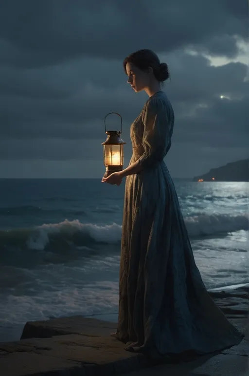 Prompt: woman in long dress standing by the sea, holding a lantern, waiting for her loved one to return, dramatic lighting, cinematic, emotional, detailed, character design by James Jean and Craig Mullins, atmospheric, realistic, high resolution, storytelling. in the style of P.S Kröyer