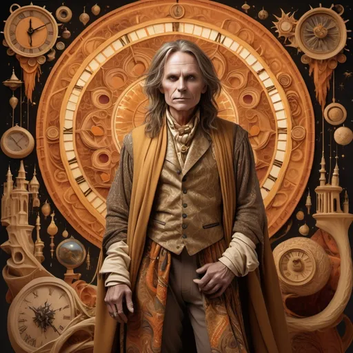 Prompt: Depict Rumpelstiltskin, a mystical figure with elongated limbs and distorted facial features, standing amidst a realm where fabric-like patches of terracotta, sienna, and amber mingle with molten timepieces and ethereal artifacts. His attire is a tapestry of woven golden threads, fluttering in the currents of a dreamlike atmosphere. The sky above is a kaleidoscope of warm hues, with floating strands of gold that twist and merge into impossible geometries, imbuing the scene with an air of magic and wonder, inspired by the surrealist masterpieces of Salvador Dali, Rene Magritte, and Kay Nielsen, with intricate digital brushstrokes and vibrant colors reminiscent of fantastical realms.