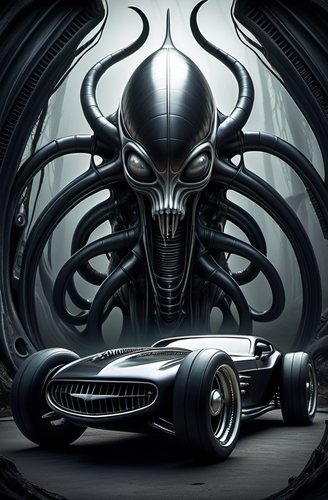 Prompt: Create an image of a hotrod influenced by H.R. Giger, showcasing surrealism. Incorporate unique designs that merge technology with nature, deep shadows, and ethereal lighting, all while placing the hotrod in a fantastical, alien setting that tells a story.