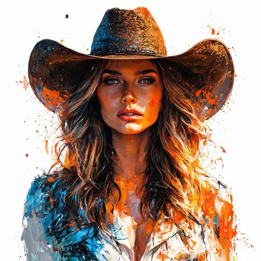 Prompt: An ultra high-definition, vibrant portrait of a beautiful lady wearing a cowboy hat, with intricate details and precise lineart, created by the acclaimed artists Carne Griffiths and Conrad Roset. The image captures the breathtaking beauty of the subject in a cinematic setting, showcasing a mix of cinematic and dramatic lighting. This masterpiece is rendered in 4K resolution, portraying a stunning and dynamic composition that is truly iconic and majestic. Trending on ArtStation and MidJourney, this artwork is a timeless and exceptional piece that exudes sophistication and brilliance.