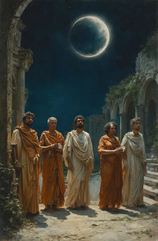 Prompt:  In the heart of a crumbling, ancient amphitheater, a group of five stoic figures, draped in flowing, intricately pleated Greco-Roman attire with subtle, textured patterns, rendered in warm ochre and metallic silver tones, gather in contemplative silence, their faces aglow with the soft, ethereal light of a partial lunar eclipse. Each figure holds a parchment or a celestial instrument, their gestures conveying a sense of reverence and awe, as if they are unraveling the mysteries of the universe. The foreground is bathed in a soft, silvery light, with deep indigo shadows that add depth and dimensionality to the composition. The curved, shadowy arches of the amphitheater, adorned with vines and weathered by time, rise in the middle ground, their classical architectural elements highlighted by the dramatic contrasts of light and shadow. In the background, a vast, starry sky in deep indigo hues stretches towards infinity, with a shadowy, half-eclipsed moon as the focal point, its silvery light casting an otherworldly glow. The piece blends charcoal and graphite for the night sky, with metallic silver leaf used sparingly to highlight the celestial instruments and the moon, while acrylic and watercolor bring warmth and texture to the figures and architecture, all on a canvas of textured paper and fabric collage, evoking the tactile quality of aged parchment and fabric. Inspired by the works of Jacques-Louis David, Anton Raphael Mengs, and Jean-Auguste-Dominique Ingres, this piece embodies the solemnity and mystique of a black night, juxtaposed with the stoic grace of classical figures, in a grand, neo-classical scene that invites contemplation and awe.