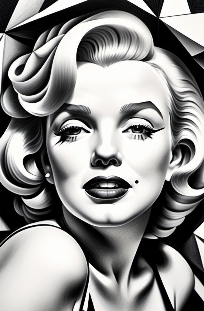 Prompt: (black and white), close up portrait of Marilyn Monroe, (pencil sketch), (surreal style), (inspired by Laurie Lipton), cubism elements, sharp angles, abstract shapes, intricate line work, contrasting shades, depth in textures, dramatic and emotive atmosphere, (highly detailed), (artistic masterpiece).