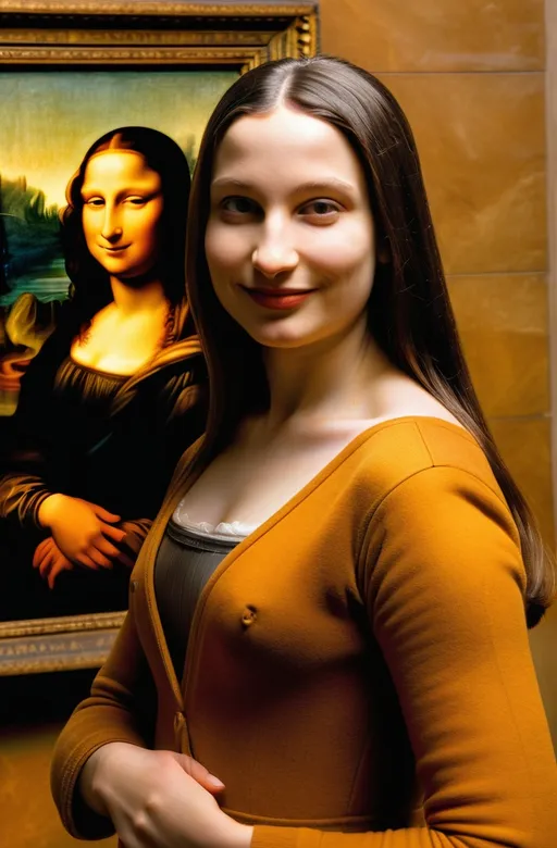 Prompt: A sentient Mona Lisa stands before her iconic portrait at the Louvre, surrounded by the soft, warm glow of ambient lighting, with hints of golden yellows, deep oranges, and muted browns. Her enigmatic smile, infused with a mix of nostalgia and pride, is reflected in the gentle curve of her lips, as she admires the timeless mystique that has captivated audiences for centuries. The intricate details of her Renaissance-inspired attire, with its rich textures and subtle folds, resonate with modern sensibilities, while the surrounding artworks, including glimpses of masterpieces by Leonardo da Vinci, Michelangelo, and Rembrandt, subtly enhance the atmosphere of the museum. A faint reflection of a modern visitor in the glass of her frame merges past and present, inviting contemplation of the timelessness of art and the connection between artist, subject, and audience. Incorporating the realism of artists like Richard Estes and Ralph Goings, with the digital precision of Ash Thorp and Simon Stalenhag, this artwork blends traditional and modern elements, evoking a sense of warmth and intimacy in the setting, as if the viewer has stumbled upon a private moment of self-reflection in the world's most famous museum.