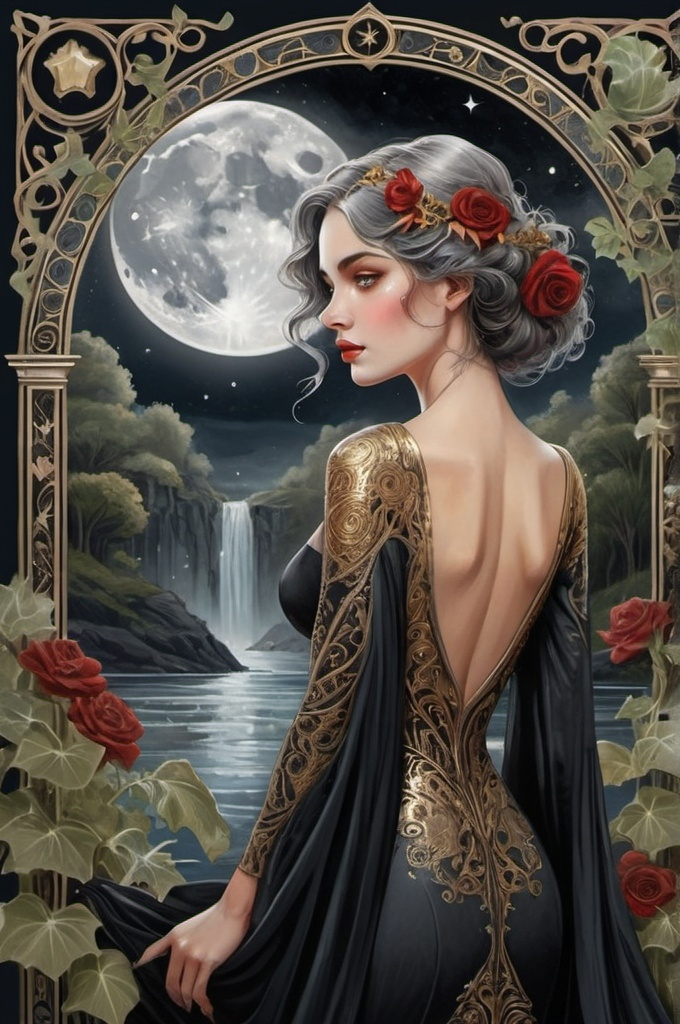 Prompt: A breathtaking and intricate digital illustration showcasing a woman with striking gray eyes, dressed in a flowing gown, looking over her shoulder. The surroundings are an expansive cathedral with ornate filigree, wild swirls, and overgrown cottagecore elements. The atmosphere is a mix of stormy clouds in shades of black, gold, and red, with feathers and floral designs. The background features a symphony of wet brush strokes, gel ink, and an underwater effect. The scene is framed by ivy, vines, and leaves, showcasing a sense of balance and symmetry. The overall aesthetic combines tarot, art deco, and 1920s influences, creating a maximalism avant-garde masterpiece. The perfect center of the image reveals a twinkling light, full moon, and a starry galactic backdrop, evoking