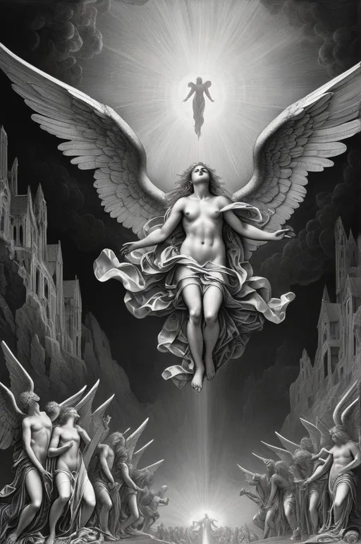 Prompt: 
Divine and majestic depiction of angels descending from the heavens, intricate details, black and white, high contrast, divine light, heavenly atmosphere, detailed shading, digital masterpiece by Gustave Doré and H.R. Giger, monochromatic, high resolution
