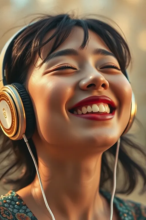 Prompt: An Asian woman's face flushed with joy, eyes closed, and a beaming smile, lost in an overwhelming moment of music from her headphones, expression captured in exquisite detail, reminiscent of Gustav Klimt's golden adornments, rendered in the soft, ethereal light of a Caspar David Friedrich landscape, with the vibrant, expressive brushstrokes of John William Waterhouse, blending romanticism with realism.