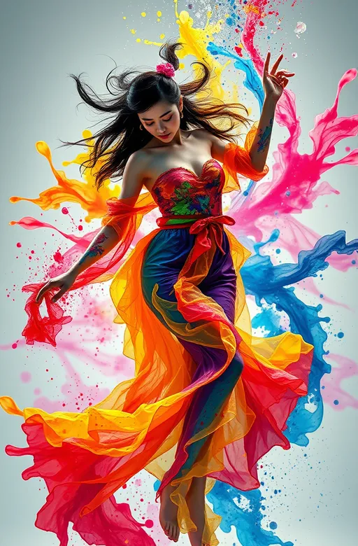 Prompt:  Asian female in vibrant, colourful paint splash attire, dancing in a dynamic, fluid silhouette, as if underwater, with brushstrokes of water ink blending into an ethereal, abstract ink cloud, conveying the fluidity of emotions through loose, expressive painting style, reminiscent of Alberto Seveso's art, with intricate details, cinematic lighting, and fractal isometrics, evoking bioluminescence, in a highly detailed, photo-realistic dynamic, with smooth, sharp focus, inspired by the concept art of Artstation, and the styles of Frank Frazetta, Artgerm, Carne Griffiths, and Wadim Kashin, in a beautiful, stunning full-body representation, with water droplets suspended in mid-air, as if frozen in time, amidst a whirlpool of colours, creating an immersive, dreamlike atmosphere.