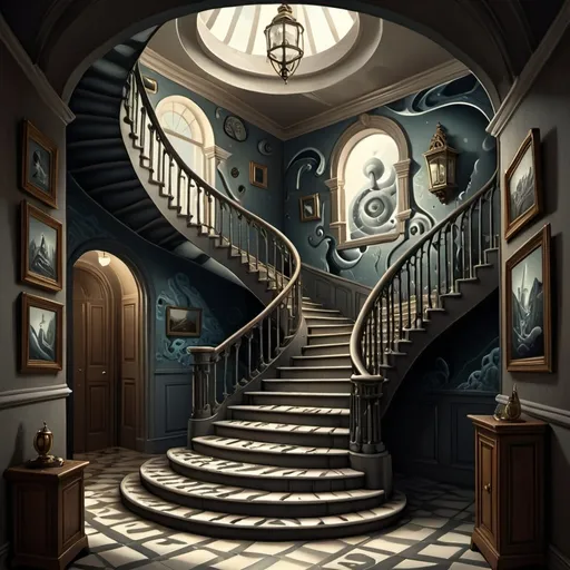 Prompt: A digital painting depicting a surreal staircase with no beginning or end, inspired by the styles of Salvador Dalí and M.C. Escher. The artwork features intricate details, contrasting light and dark elements, creating a dreamlike and mystical atmosphere. The perspective adds to the infinite feel of the stairs, giving a modern and cinematic vibe. This high-resolution piece is reminiscent of concept art found on ArtStation, showcasing a blend of realism and surrealism.