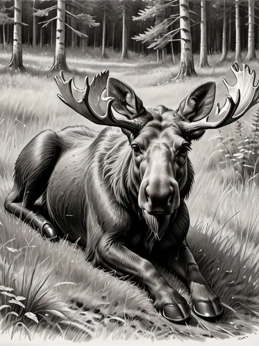 Prompt: a moose laying down in the grass in a forest area with trees in the background and grass and dirt on the ground, Clovis Trouille, les nabis, black and white pencil sketch