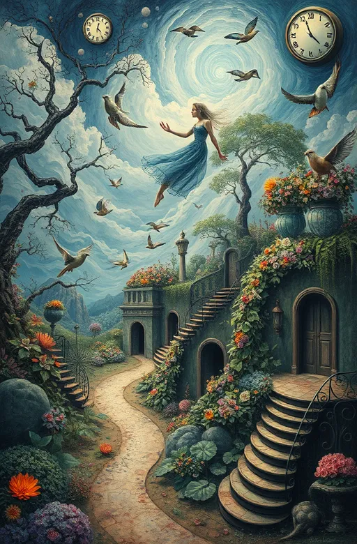 Prompt: A dreamscape inhabited by an ethereal figure with shifting features, floating mid-air as if drifting through their subconscious, set amidst a topsy-turvy garden where the sky and ground converge, incorporating trees with sprawling aerial roots, flowers blooming in slow motion, melting clocks, doors to nowhere, and spiral staircases disappearing into the horizon, as dreamlike creatures such as air-swimming fish and scale-feathered birds navigate this realm, all within a swirling, analogous color scheme of blues, greens, and purples, blending to evoke an ethereal, harmonious quality, reminiscent of the surrealist styles of Salvatore Dali, Rene Magritte, and Giorgio de Chirico, with an otherworldly, mixed-media texture incorporating layers of paint, collage elements, translucent fabrics, and tactile materials like sand or crushed glass to symbolize the blurred lines between reality and dreams, inviting viewers to touch and manipulate a section, as if lifting a flap or turning a dial, to deeply engage with this lucid reverie.