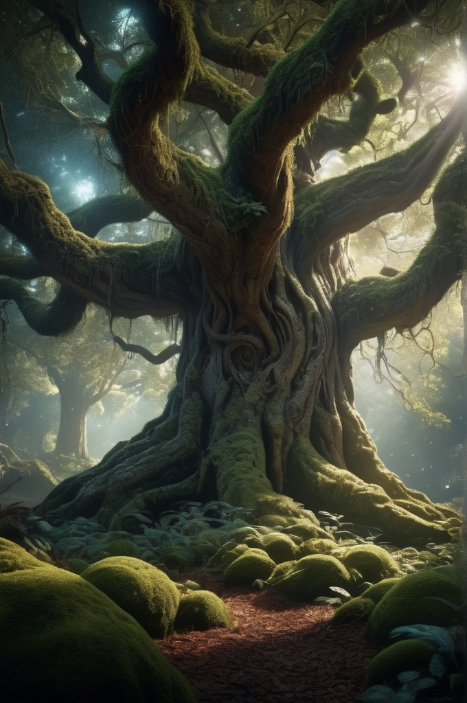 Prompt: Mystical and enchanting forest scene with a glowing ancient tree surrounded by bio-organic microorganisms, rendered in stunning detail, cinematic lighting, by James Gurney, 8k resolution, atmospheric and mesmerizing

