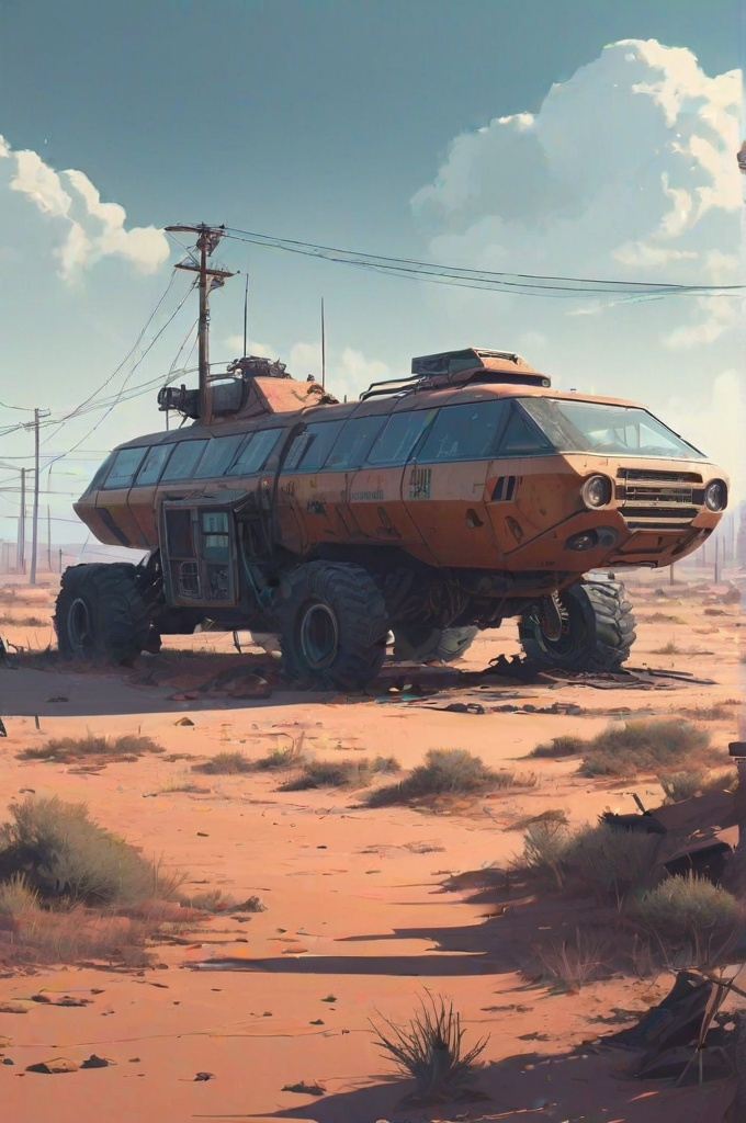 Prompt: Dystopian desert landscape with futuristic vehicles, post-apocalyptic, cyberpunk, gritty, desolate, harsh lighting, epic concept art by Simon Stålenhag and Daniel Dociu, 4k resolution, highly detailed

