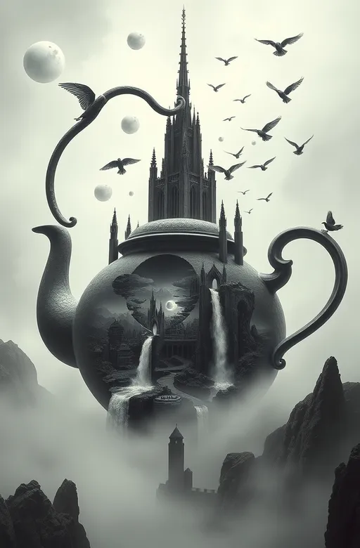 Prompt:  A gargantuan teapot, reminiscent of a Gothic cathedral, rises from a mist-shrouded landscape, its twisted spire piercing the sky like a charcoal sketch by M.C. Escher, while its handle unfurls like a Salvador Dali-esque ribbon, entwining itself around dreamlike scenery. Floating, diaphanous orbs, inspired by the surrealist works of Rene Magritte, hover around the teapot, reflecting distorted, funhouse-like visions of the surroundings. Within the teapot's belly, a miniature universe unfolds, rendered in soft, cool charcoal tones, evoking the eerie, ethereal quality of a Giorgio de Chirico cityscape. A waterfall cascades from the teapot's lid, morphing into a serpentine river that navigates the surreal terrain, as a flock of birds, adorned with intricate, M.C. Escher-like patterns on their wings, emerge from the spout, adding to the otherworldly tranquility of the scene. Charcoal's stark contrast and soft gradients imbue the composition with an air of mystery, as if the entire scene might dissolve into the mist at any moment, leaving only the faintest whisper of its existence.