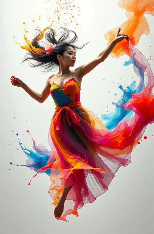 Prompt:  Asian female in vibrant, colourful paint splash attire, dancing in a dynamic, fluid silhouette, as if underwater, with brushstrokes of water ink blending into an ethereal, abstract ink cloud, conveying the fluidity of emotions through loose, expressive painting style, reminiscent of Alberto Seveso's art, with intricate details, cinematic lighting, and fractal isometrics, evoking bioluminescence, in a highly detailed, photo-realistic dynamic, with smooth, sharp focus, inspired by the concept art of Artstation, and the styles of Frank Frazetta, Artgerm, Carne Griffiths, and Wadim Kashin, in a beautiful, stunning full-body representation, with water droplets suspended in mid-air, as if frozen in time, amidst a whirlpool of colours, creating an immersive, dreamlike atmosphere.