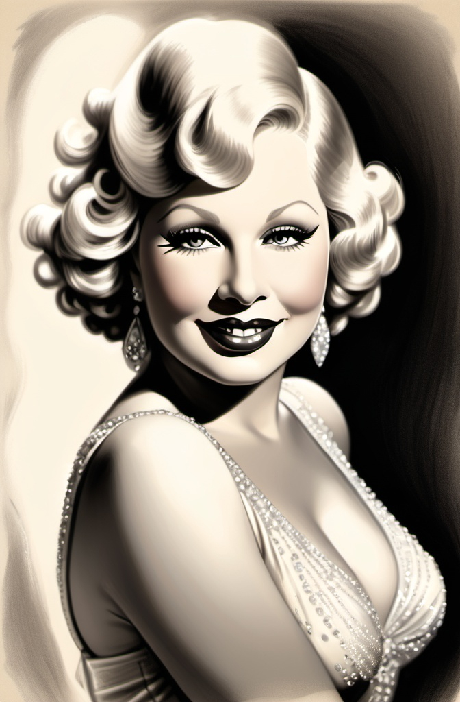 Prompt: Portrait. Illustrate a pencil sketch of Mae West, highlighting her iconic look with a playful smile and elegant pose. Capture the details of her attire and hairstyle, using light and shadow to create a sense of movement and vitality in this artistic portrayal of her spirit.