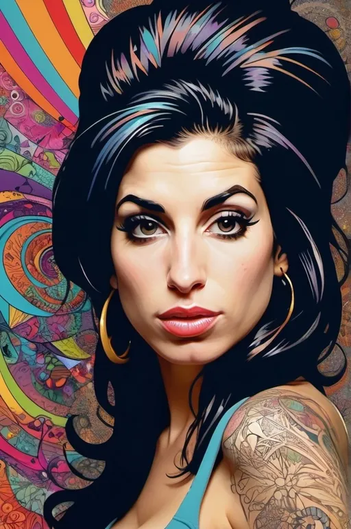 Prompt: Vibrant, abstract, portrait of Amy Winehouse, featuring intricate vector fractals and wave function patterns, blended with the mesmerizing, hand-drawn aesthetics of Zentangle, set against a three-dimensional background with subtle, shaded depth cues, reminiscent of the styles of Joshua Davis, László Moholy-Nagy, and Ash Thorp.