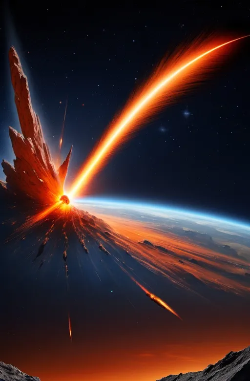 Prompt: (Giant meteor tumbling towards Earth), dramatic cosmic event, illuminated with a blazing trail of fiery orange and red, contrasted against a midnight blue star-speckled sky, immense and imposing, evoking a sense of impending doom, atmospheric tension, ultra-detailed, high-definition, breathtaking celestial scene, captivating visual anticipation.