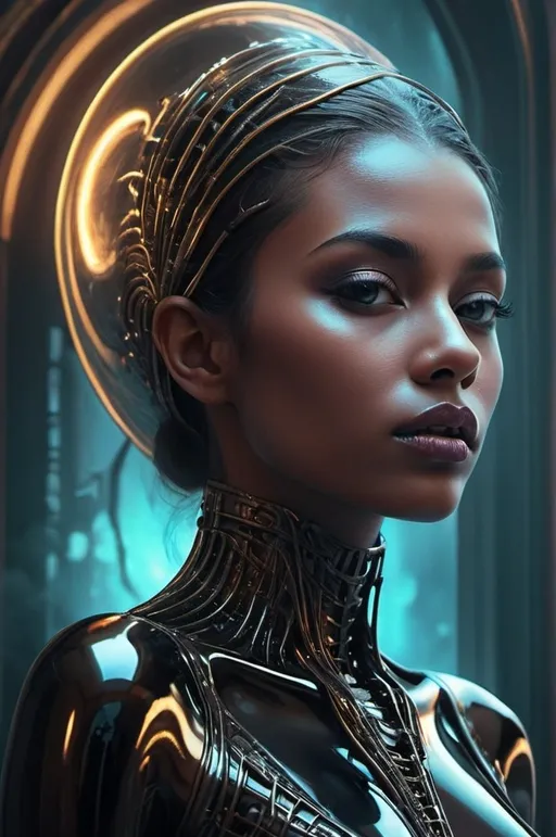 Prompt: An ethereal digital close up illustration featuring a young woman. Her sleek metallic appearance reflects the vibrant hues of luminous colors. The ultra-high-definition resolution accentuates every intricate detail, and the warm golden light creates a mesmerizing shimmering effect. Bold lines and radiant colors contribute to a nostalgic retro vibe, adding a touch of timeless allure to the futuristic aesthetic.
Backdrop is a dark fantasy landscape with ominous smoke hovering over a body of water, sinister mood, high detail, atmospheric effects, gothic elements, dramatic lighting, beautifully rendered, inspired by H.R. Giger and Moebius, cinematic, 4k resolution, ethereal and eerie ambiance.