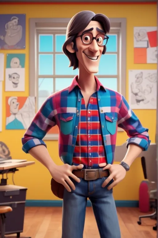 Prompt: J. G. Quintel animated as a quirky cartoon character, wearing a plaid shirt and jeans, holding a storyboard, in a vibrant animation studio setting, colorful and energetic, character design by J. G. Quintel and Pendleton Ward, 4k resolution, visually appealing
