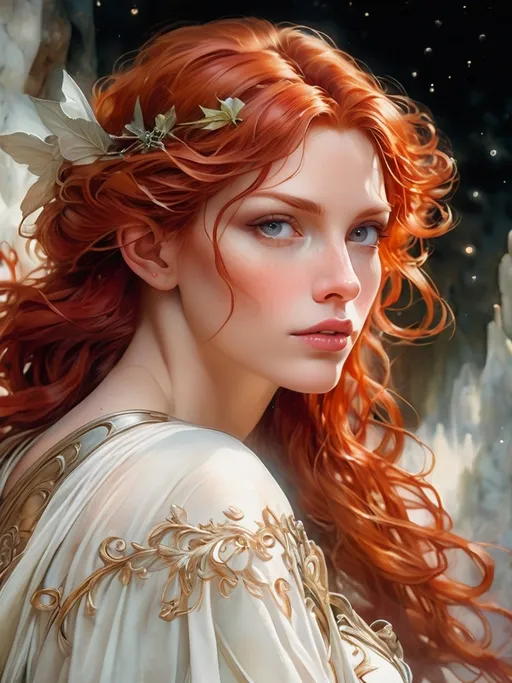 Prompt: The face of mature beauty, close-up portrait, red haired, ethereal, glowing, high detail, soft lighting, romantic, fantasy, dreamy, cinematic, digital painting by J.C. Leyendecker, Luis Royo, and Stephanie Law, 4k resolution