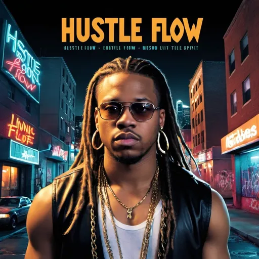 Prompt: Create a dynamic album cover for the song "Hustle and Flow." The cover should feature a charismatic male rapper with long hair, embodying the spirit of hustle and determination. The background should be vibrant and urban, reflecting a cityscape with neon lights and graffiti. Incorporate elements of movement and rhythm to convey the flow of the music. The title "Hustle and Flow" should be prominently displayed in bold, modern typography.