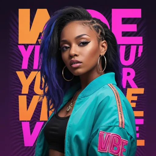 Prompt: “Create an album cover for a hip-hop/rap song titled 'Lost in Your Vibe.' The cover should feature a stunning and confident female rapper with a glamorous and stylish appearance. She should embody beauty and charisma, with a sense of strong presence. She’s dressed in fashionable, edgy streetwear, exuding both sexiness and confidence. The background should have vibrant, dynamic colors that reflect the energy and intensity of the song, perhaps with neon lights or abstract patterns. Include the song title 'Lost in Your Vibe' in bold, modern typography that complements the overall design.”