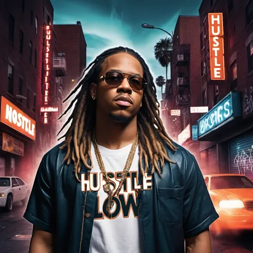 Prompt: Create a dynamic album cover for the song "Hustle and Flow." The cover should feature a charismatic male rapper with long hair, embodying the spirit of hustle and determination. The background should be vibrant and urban, reflecting a cityscape with neon lights and graffiti. Incorporate elements of movement and rhythm to convey the flow of the music. The title "Hustle and Flow" should be prominently displayed in bold, modern typography.