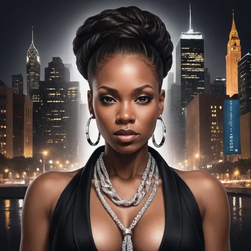 Prompt: "Create an album cover for a Hip-Hop/Rap song titled 'Unbreakable Ties.' The cover should feature a powerful and confident woman as the central figure. She should be dressed in stylish, glamorous attire with sparkling jewelry, embodying strength and allure. Her expression should convey determination and grace, reflecting the theme of unbreakable connections. The background should be a luxurious cityscape at night, with lights and reflections that add a sophisticated, urban vibe. The title 'Unbreakable Ties' should be displayed prominently in bold, modern typography with a metallic or glowing effect."