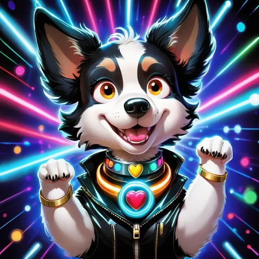 Prompt: A comic book-style anime medium shot of a retro-futuristic arcade-style character card featuring a cyborg border collie with white and black fur. The dog is celebrating with a super happy expression and is raising its arms in victory. It is wearing an LED smart monocle, a cyber collar, and a black jacket with a glowing heart. The background is plain white.