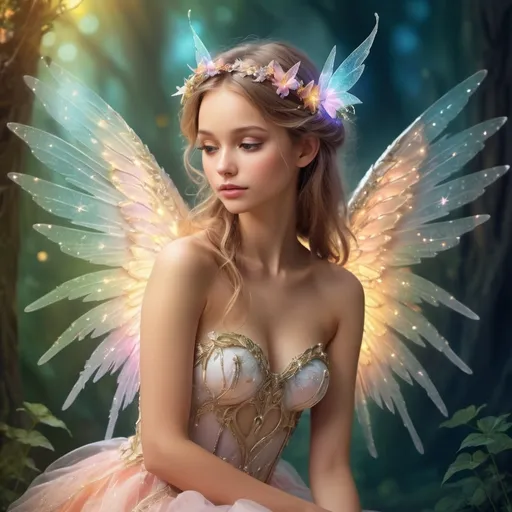 Prompt: magical fairy with angel wings, (delicate materials resembling fairy wings) in the shape of (majestic angel wings), whimsical and enchanting atmosphere, vibrant colors glowing in soft light, lush ethereal background  filled with shimmering elements, creating a dreamy feel, excellent detail and artistry, captivating and alluring, (ultra-detailed) portrayal, (fantasy theme) 