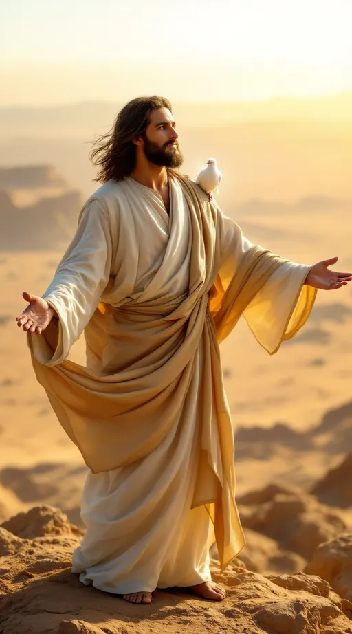 Prompt: *A hyper-realistic, ultra-detailed 8K spiritual scene. Jesus is standing on top of a very high desert mountain, with his arms open wide in a gesture of peace and divine authority. He wears a majestic, flowing robe that glows softly in the sunlight, with gentle folds moving in the wind. A pure white dove rests calmly on His shoulder, symbolizing the Holy Spirit.

The background shows a vast, dry desert landscape stretching endlessly beneath the mountain, under a bright and clear sky. The scene is focused closely on Jesus, capturing the calm power and serenity in His expression. His long hair moves with the breeze, and his robe glows with subtle heavenly light. The lighting emphasizes the details in his face, the texture of his robe, and the gentle presence of the dove.*