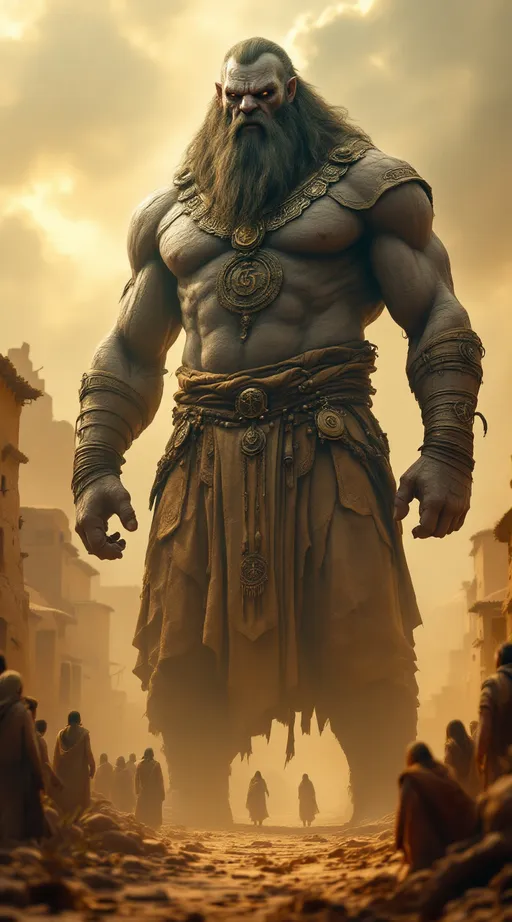 Prompt: A hyper-realistic, cinematic image of Og, the legendary giant king from ancient times, standing imposingly in the center of an ancient village. Og is a towering humanoid figure, over 13 feet tall, with deeply weathered skin like stone, muscular and aged by centuries. He wears legendary robes and ornaments from antiquity—elaborate, flowing garments made of ancient fabrics, leather straps, and bronze accessories etched with symbols lost to history. His presence is both majestic and terrifying. The villagers around him—men, women, and children dressed in ancient Middle Eastern attire—look up at him in awe, fear, and reverence. The camera focuses on Og’s upper body and face, capturing his immense size, powerful features, and mysterious, ancient gaze. The background shows clay huts, stone roads, and desert vegetation under a golden, dusty sky. Shot with a Canon EOS R5, 50mm lens, cinematic lighting, shallow depth of field.