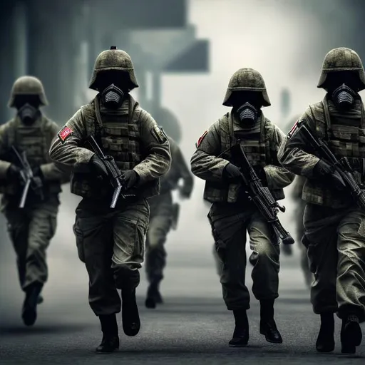 Prompt: squad of soldiers in gas masks with guns hyper detailed in black uniforms 