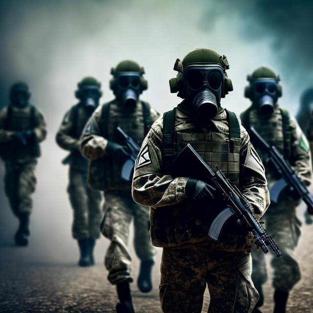 Prompt: squad of soldiers in gas masks with guns hyper detailed in black uniforms 