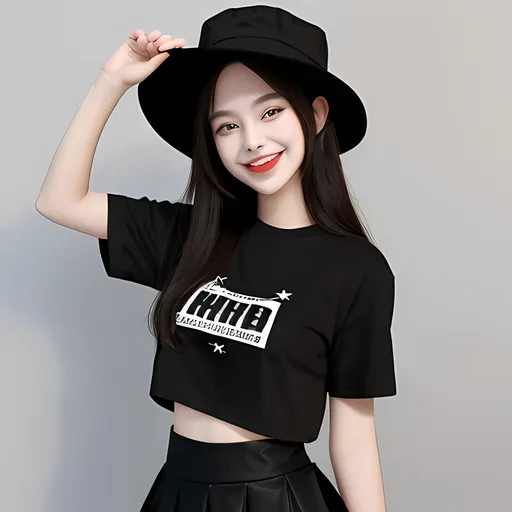 Prompt: Smiling girl black hat t shirt black skirt 
