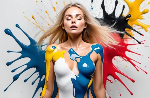 Prompt: abstract high resolution 8k quality , black and or white theme colourfull paint splashes , far away full body not dressed
 blonde woman, her eyes are open