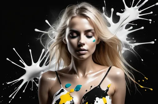 Prompt: abstract high resolution 8k quality , black and or white theme colourfull paint splashes , far away full body not dressed
 blonde woman, her eyes are open