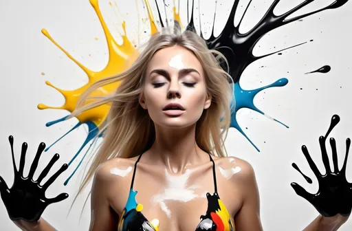 Prompt: abstract high resolution 8k quality , black and or white theme colourfull paint splashes , far away full body not dressed
 blonde woman, her eyes are open