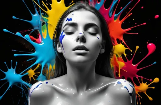 Prompt: abstract high resolution 8k quality , black and or white theme colourfull paint splashes , far away full body,
 young woman, her eyes are open