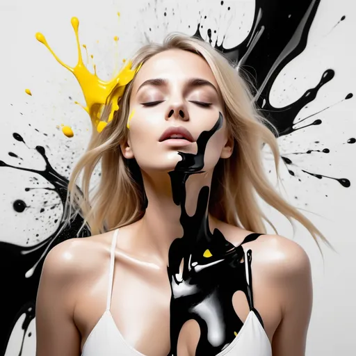 Prompt: abstract high resolution 8k quality , black and or white theme colourfull paint splashes , far away full body shape blonde woman, eyes open