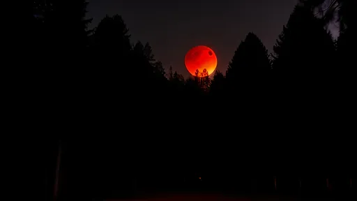 Prompt: Enchanted forest with paranormal subjects climbing on the trees with a red moon.