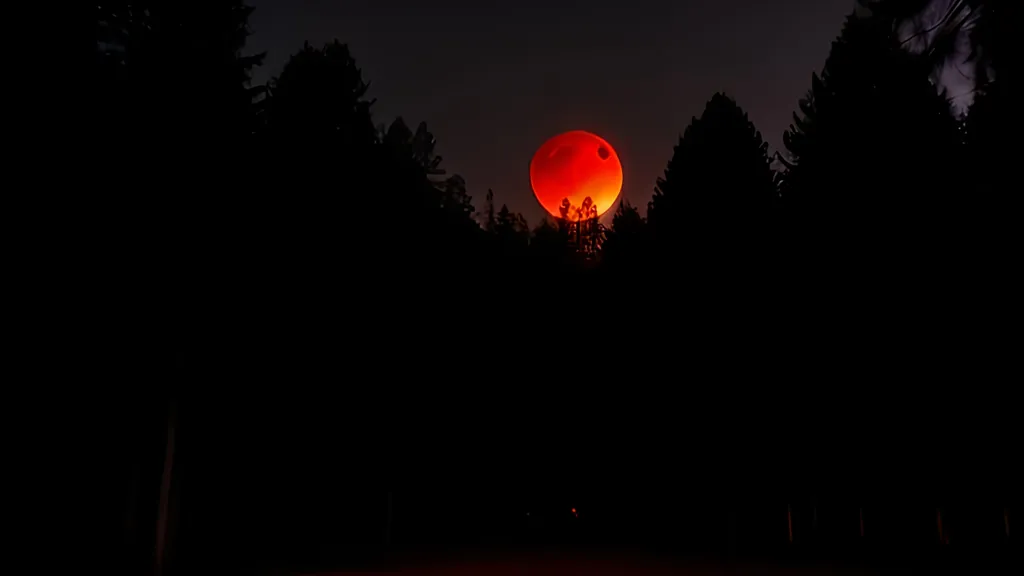 Prompt: Enchanted forest with paranormal subjects climbing on the trees with a red moon.