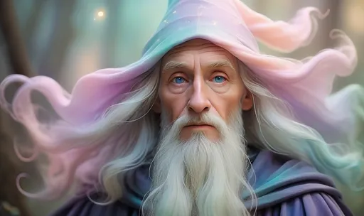 Prompt: Dreamy pastel portrait, wizard, ethereal atmosphere, soft focus
