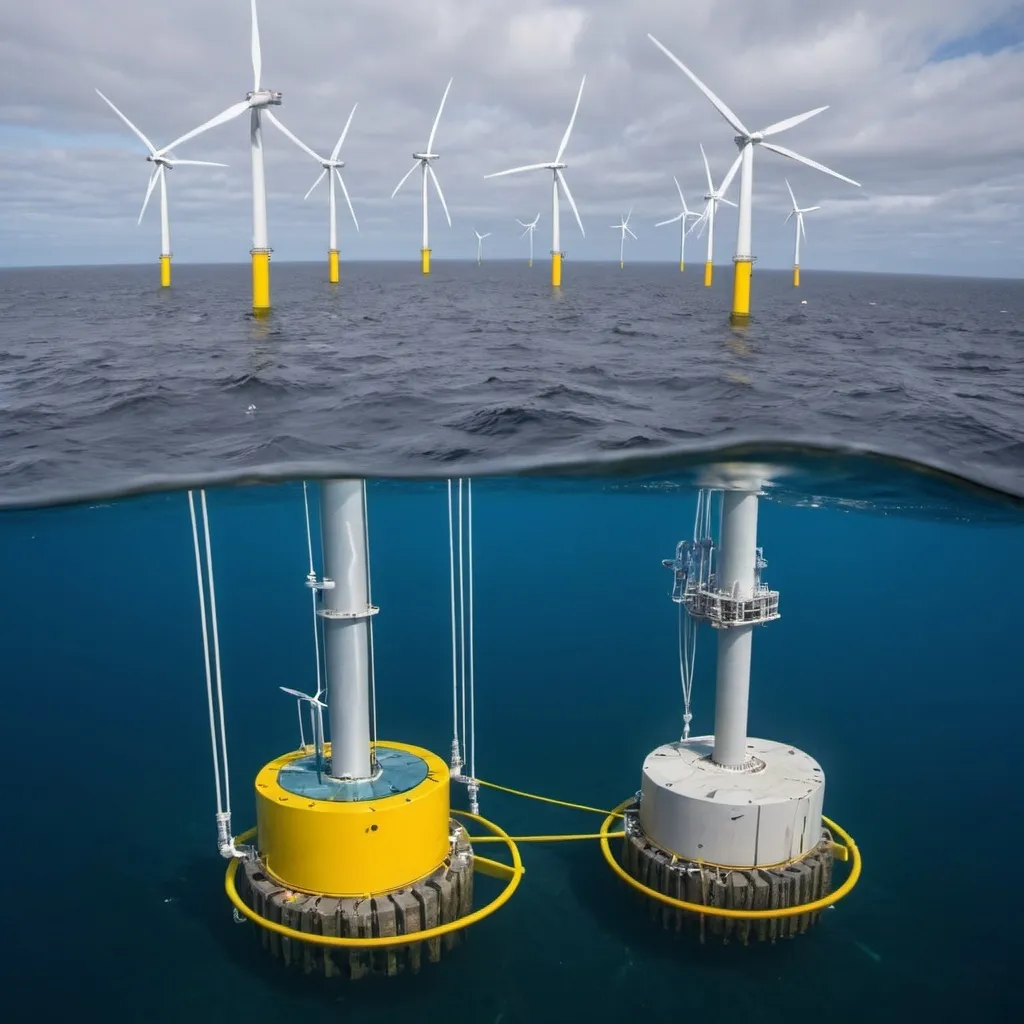 Prompt: Offshore wind floating turbine and fixed turbine installed over the ocean and show the piles underwater and the cables installed on the bottom of the ocean floor to show how they interact with fish habitat. 