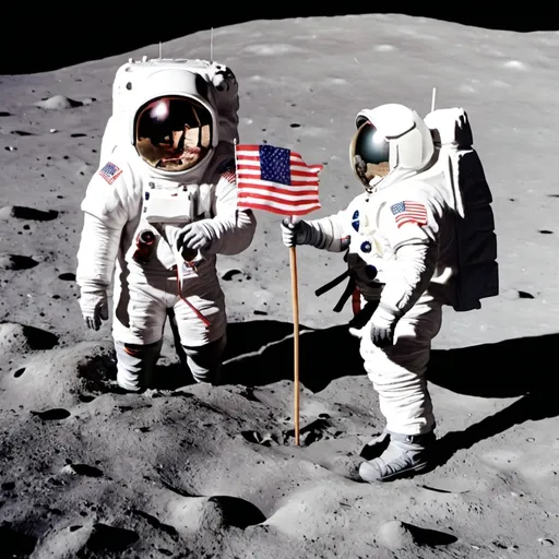 Prompt: Give me a picture of trump on the moon with Neil Armstrong celebrating America