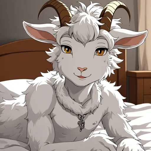 Prompt: anime, boy, detailed, white fur, goat furry, very detailed, college, bed, twink, cute face