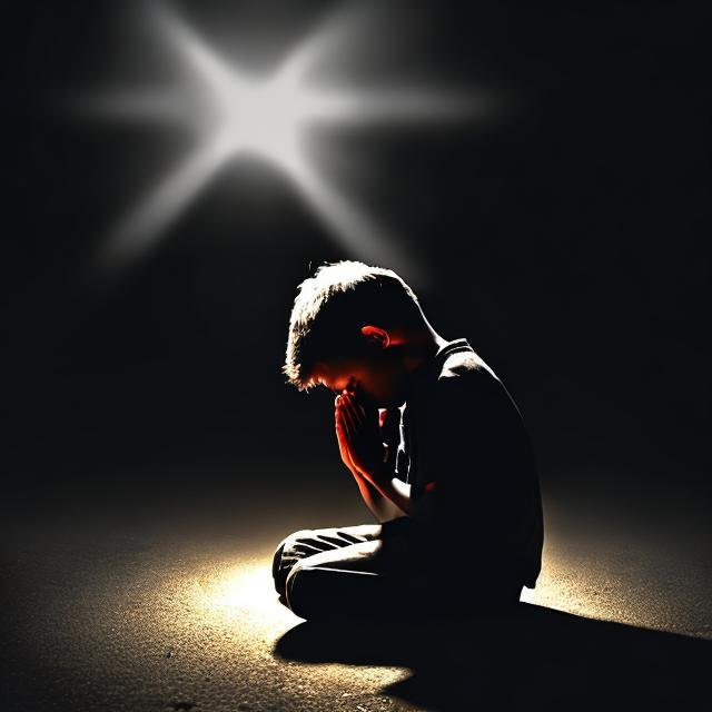 Prompt: Little boy praying while surrounded by darkness