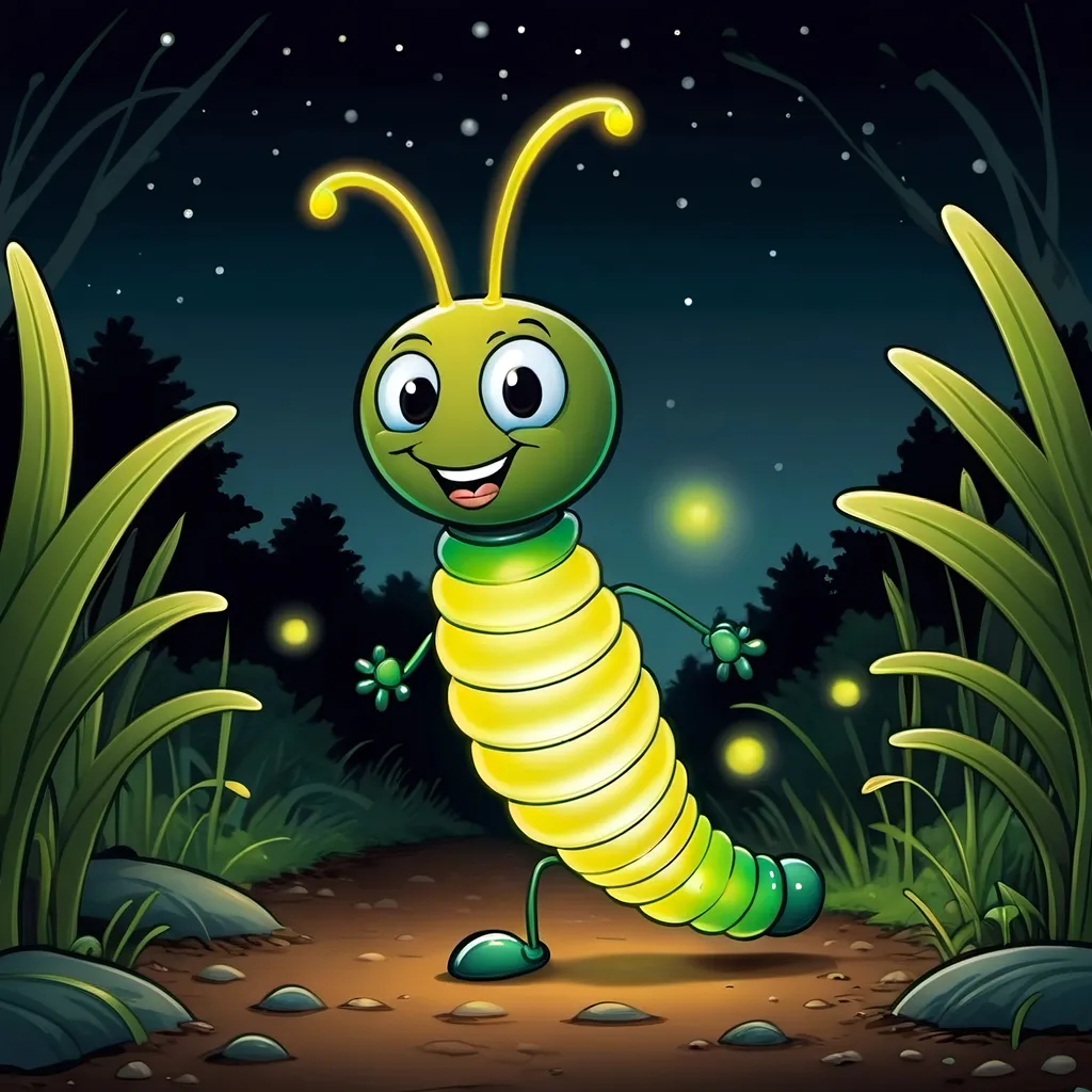 Prompt: A landscape cartoon image of a glow worm, walking along, with a smiling face. 