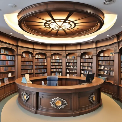 Prompt: fantasy library front desk